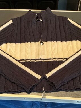 2Bella Navy and Cream Cable-Knit Zip Crop Top